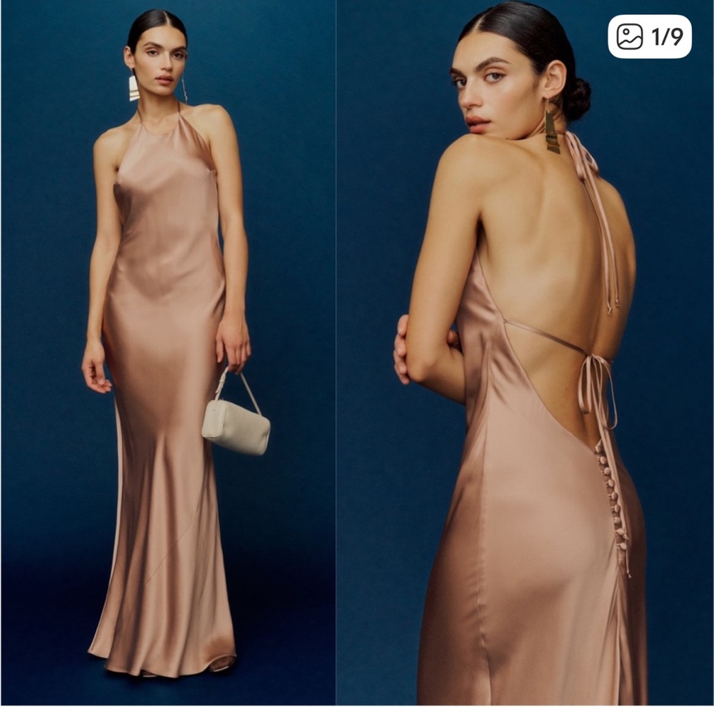 REFORMATION Silk Maxi Dress Halter Tie Neck Open Back Flowy Satin Gown S - Picture 3 of 3